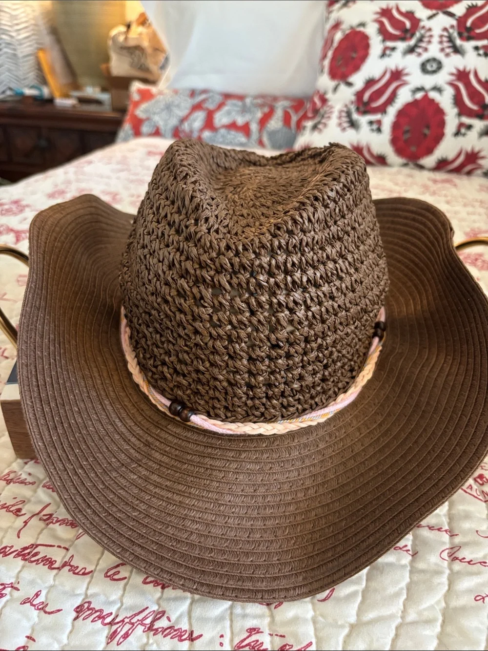 NWT Vince Camuto Brown Braided Straw Bucket Hat with Pink Beaded Accent Band